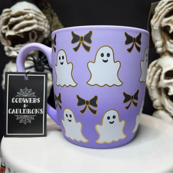 Cobwebs & Cauldrons Halloween Purple Ombre White Ghost Black Bow Coffee Mugs - Picture 3 of 12